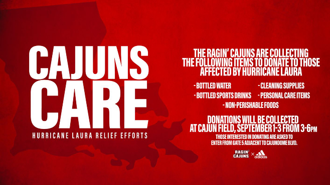 The Ragin’ Cajuns are collecting supplies at Cajun Field for the Lake Charles area. The supply drive will take place  from Tuesday to Thursday this week From 3 to 6 p.m.